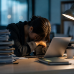 向いていない仕事を前に、書類とパソコンが並ぶデスクで疲れ切ってうつむく会社員