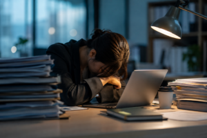 向いていない仕事を前に、書類とパソコンが並ぶデスクで疲れ切ってうつむく会社員