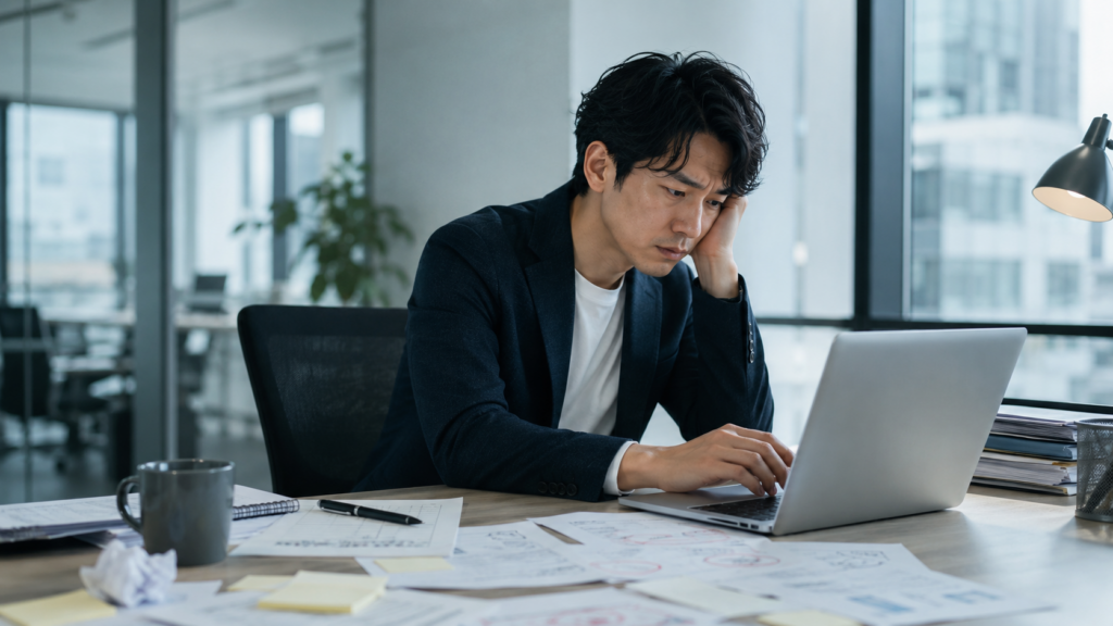 オフィスでノートPCに向かい、仕事の不調に悩む若い男性会社員。机の上には書類やメモが広がっている。