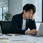 オフィスでノートPCに向かい、仕事の不調に悩む若い男性会社員。机の上には書類やメモが広がっている。