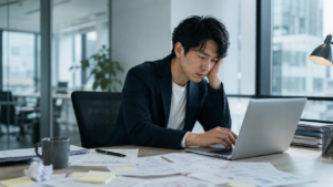 オフィスでノートPCに向かい、仕事の不調に悩む若い男性会社員。机の上には書類やメモが広がっている。