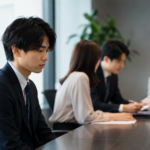 会議から少し離れた席で、不安そうにうつむく若手社員
