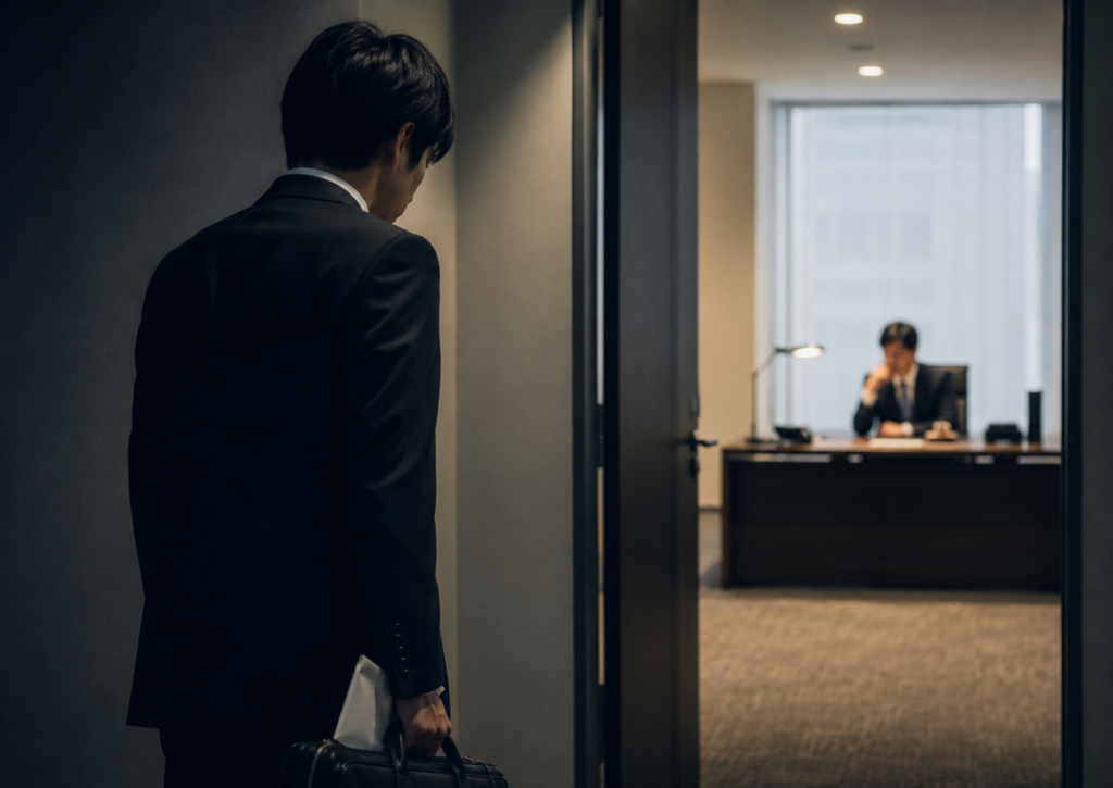 上司のいる部屋の前で、退職を切り出せず立ち止まる会社員