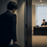 上司のいる部屋の前で、退職を切り出せず立ち止まる会社員