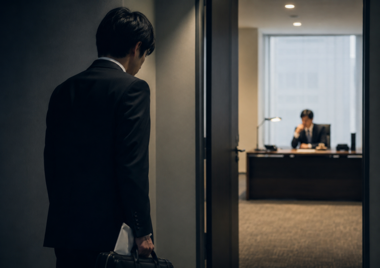 上司のいる部屋の前で、退職を切り出せず立ち止まる会社員
