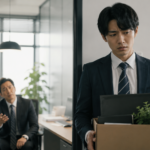 退職の荷物を抱えながら、上司の引き止めに迷う若手社員