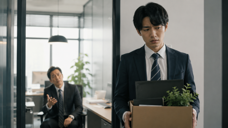退職の荷物を抱えながら、上司の引き止めに迷う若手社員