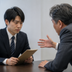 退職書類を持つ若手社員に、上司が身を乗り出して話している退職面談