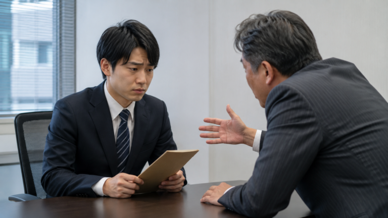 退職書類を持つ若手社員に、上司が身を乗り出して話している退職面談