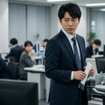 退職前の有給申請書を手に、周囲の視線を気にする会社員