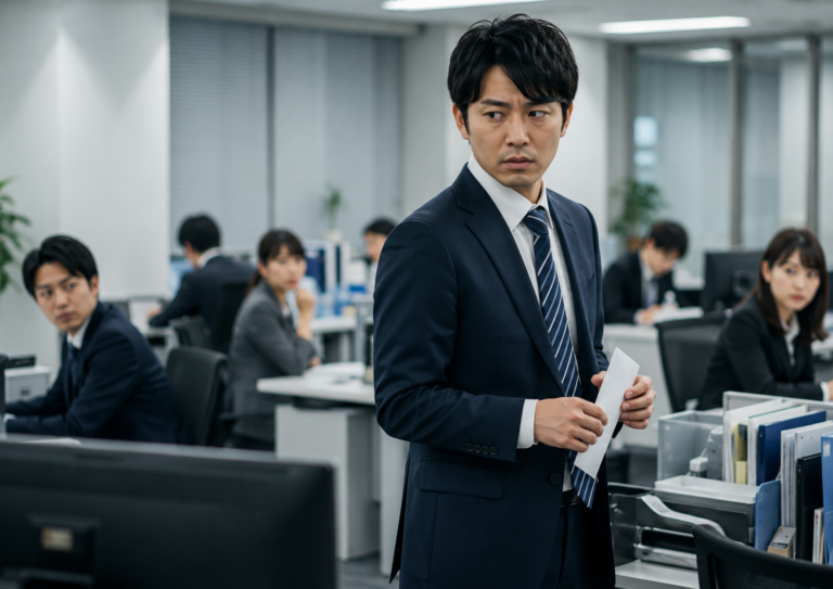 退職前の有給申請書を手に、周囲の視線を気にする会社員