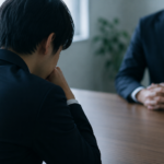 退職面談で上司を前に、本当の退職理由を言えずうつむく会社員