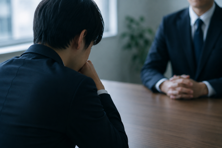 退職面談で上司を前に、本当の退職理由を言えずうつむく会社員