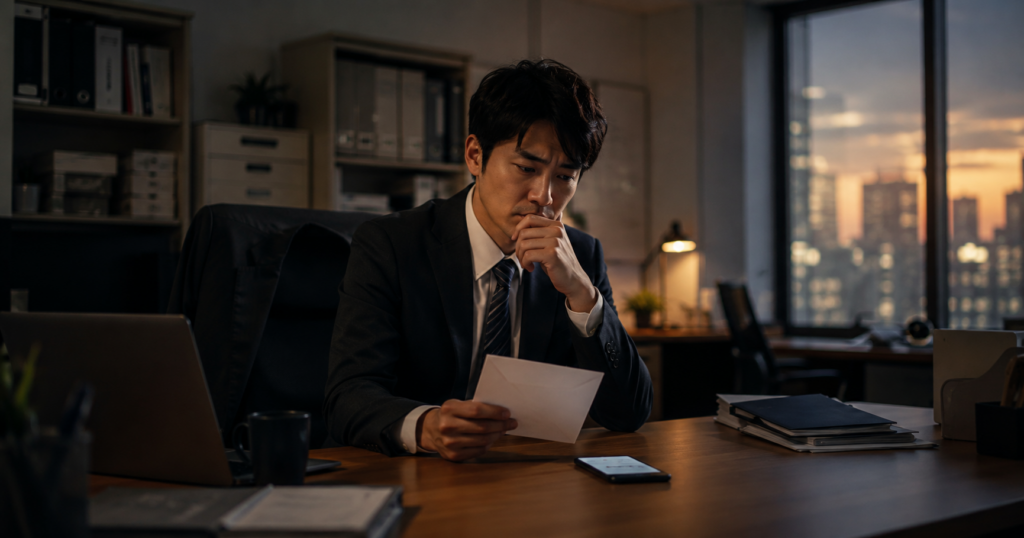 夕暮れのオフィスで、封筒を手に今の会社を辞めるか迷うスーツ姿の男性