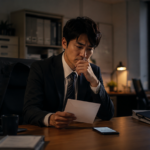 夕暮れのオフィスで、封筒を手に今の会社を辞めるか迷うスーツ姿の男性