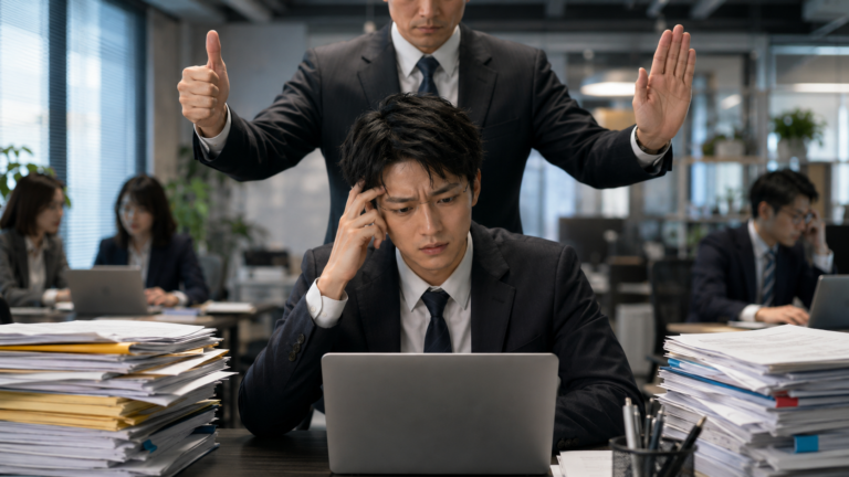上司から相反する指示を受け、仕事の判断に迷う会社員
