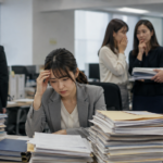 退職前に大量の書類を押しつけられ、周囲から冷たい視線を向けられる女性社員