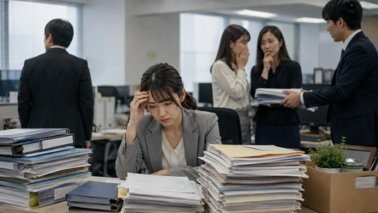 退職前に大量の書類を押しつけられ、周囲から冷たい視線を向けられる女性社員