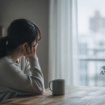 会社を辞めたい気持ちを誰にも相談できず、窓辺で一人悩む女性
