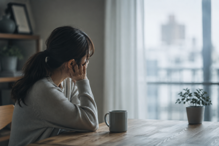 会社を辞めたい気持ちを誰にも相談できず、窓辺で一人悩む女性
