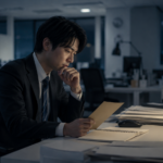 会社を辞めたいのに決め手が見つからず、深夜のオフィスで一人悩む男性