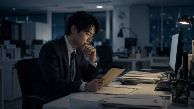 会社を辞めたいのに決め手が見つからず、深夜のオフィスで一人悩む男性