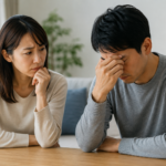 会社を辞めたいと悩む夫を、心配そうに見つめる妻