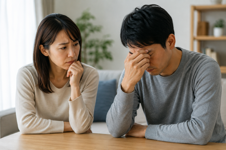 会社を辞めたいと悩む夫を、心配そうに見つめる妻