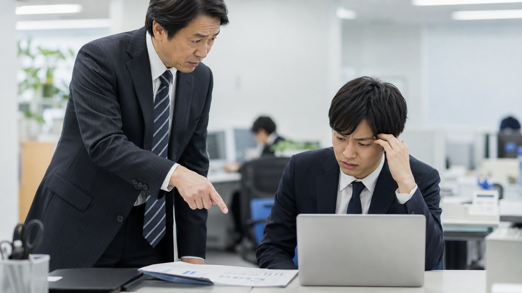 オフィスで上司に厳しく指摘され、困った表情でパソコンを見る若手社員