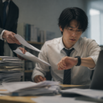 上司から急な仕事を追加され、山積みの資料を前に時計を確認する若手社員