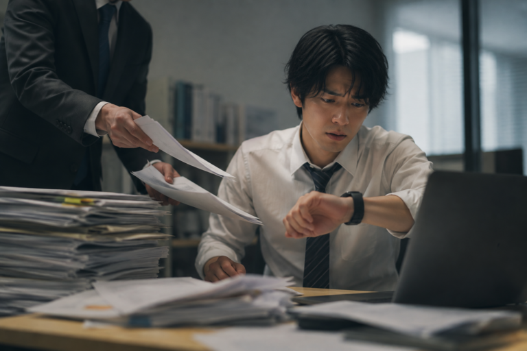 上司から急な仕事を追加され、山積みの資料を前に時計を確認する若手社員