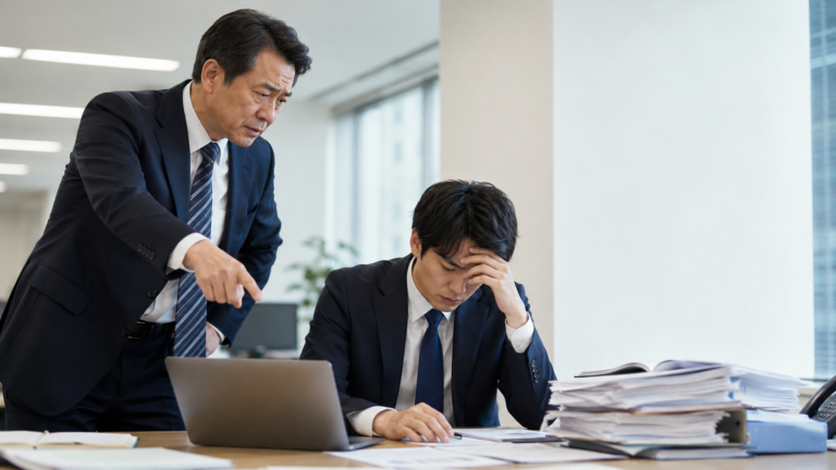 上司から厳しく指示を受け、書類を前に悩む会社員