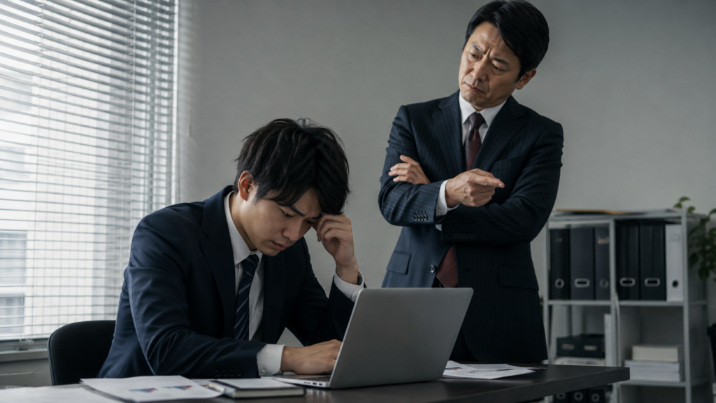 上司から指示を受けながら困った表情を見せる会社員