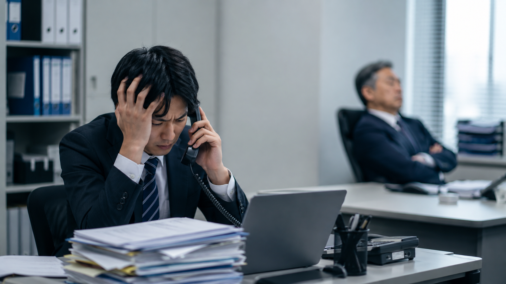 トラブル対応の電話を一人で抱え、困った表情を見せる会社員と、後方で対応しない上司