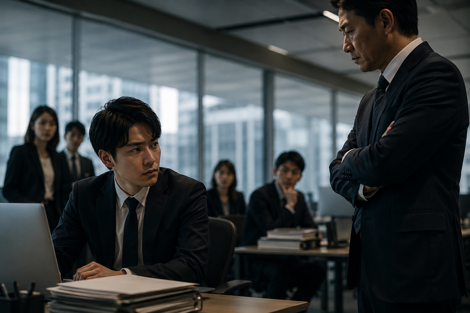 成果を出す部下を厳しく監視する上司と、緊張した様子の部下