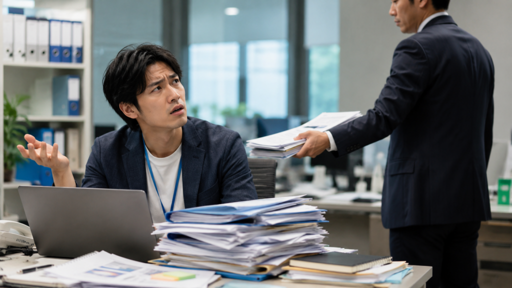 書類や資料が積み重なったデスクの前で、若手社員があきれたような表情で立ち尽くしている様子