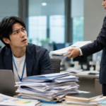 書類や資料が積み重なったデスクの前で、若手社員があきれたような表情で立ち尽くしている様子