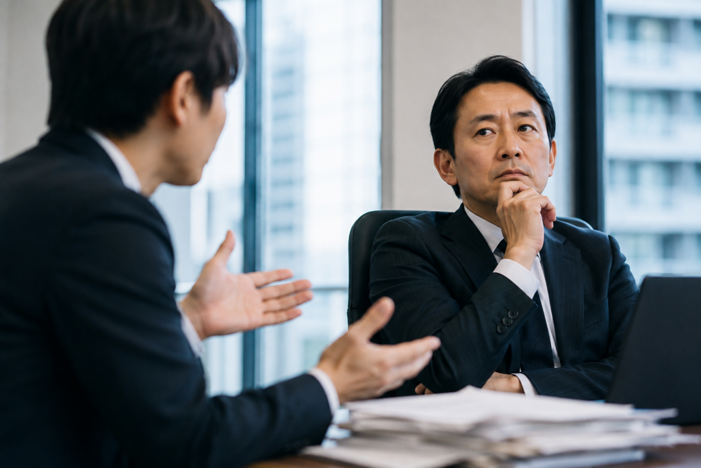 決断を求める部下の話を聞きながら考え込む上司