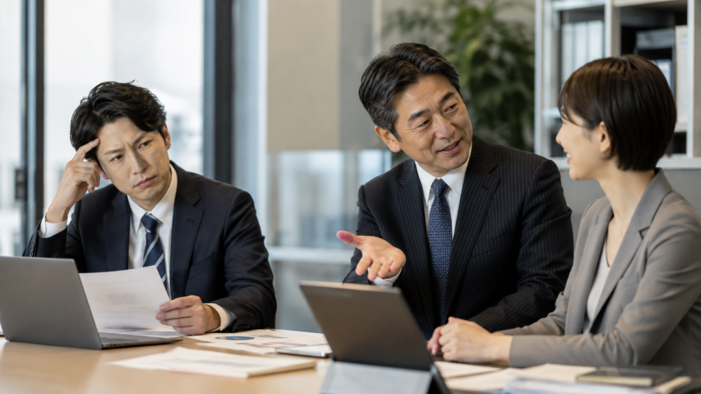 上司が話しやすい部下を評価する一方で、納得できない表情を見せる別の部下