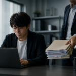 仕事を抱える部下に、上司がさらに書類を渡しているオフィスの様子
