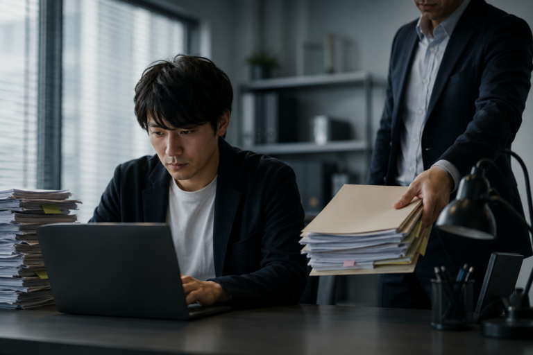 仕事を抱える部下に、上司がさらに書類を渡しているオフィスの様子