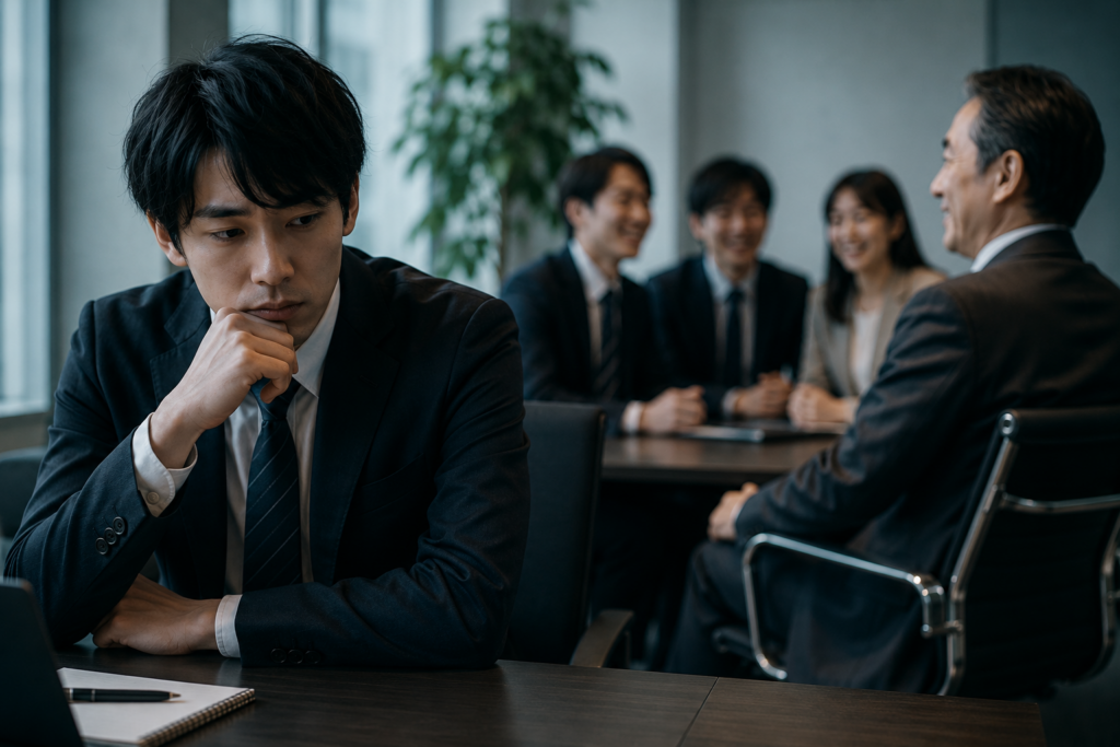 上司と話が合う同僚たちを離れた席から見つめる会社員
