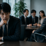 上司と話が合う同僚たちを離れた席から見つめる会社員