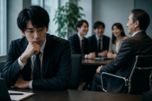 上司と話が合う同僚たちを離れた席から見つめる会社員