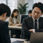 機嫌の悪そうな上司を前に、うつむいて報告する部下