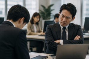 機嫌の悪そうな上司を前に、うつむいて報告する部下