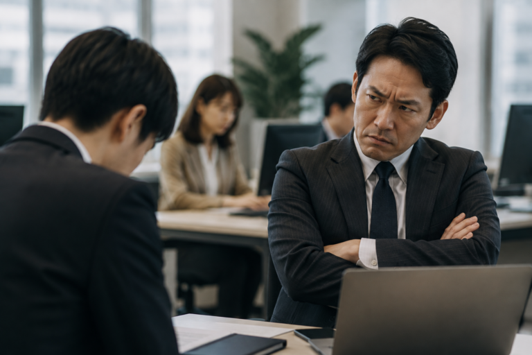 機嫌の悪そうな上司を前に、うつむいて報告する部下
