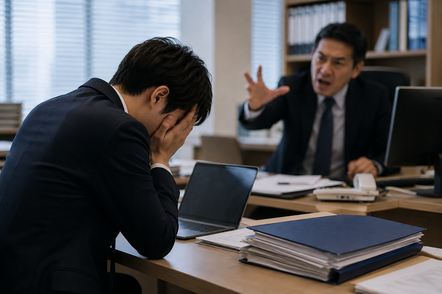 忙しくて苛立つ上司に強く当たられ、頭を抱える部下