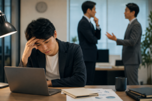 上司との仕事の進め方が合わず、デスクで悩む会社員