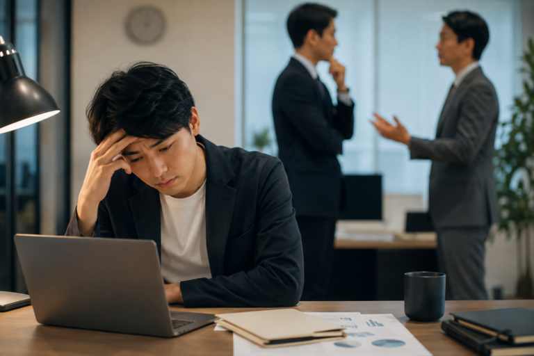上司との仕事の進め方が合わず、デスクで悩む会社員